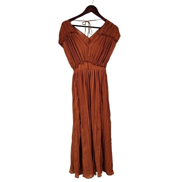 Moussy Rust Orange Boho Satin Pleated Midi Dress Women's Size Small Ruffle Front - Picture 2 of 3